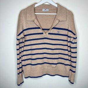 Vineyard Vines Tan and Blue Striped V-Neck Sweater